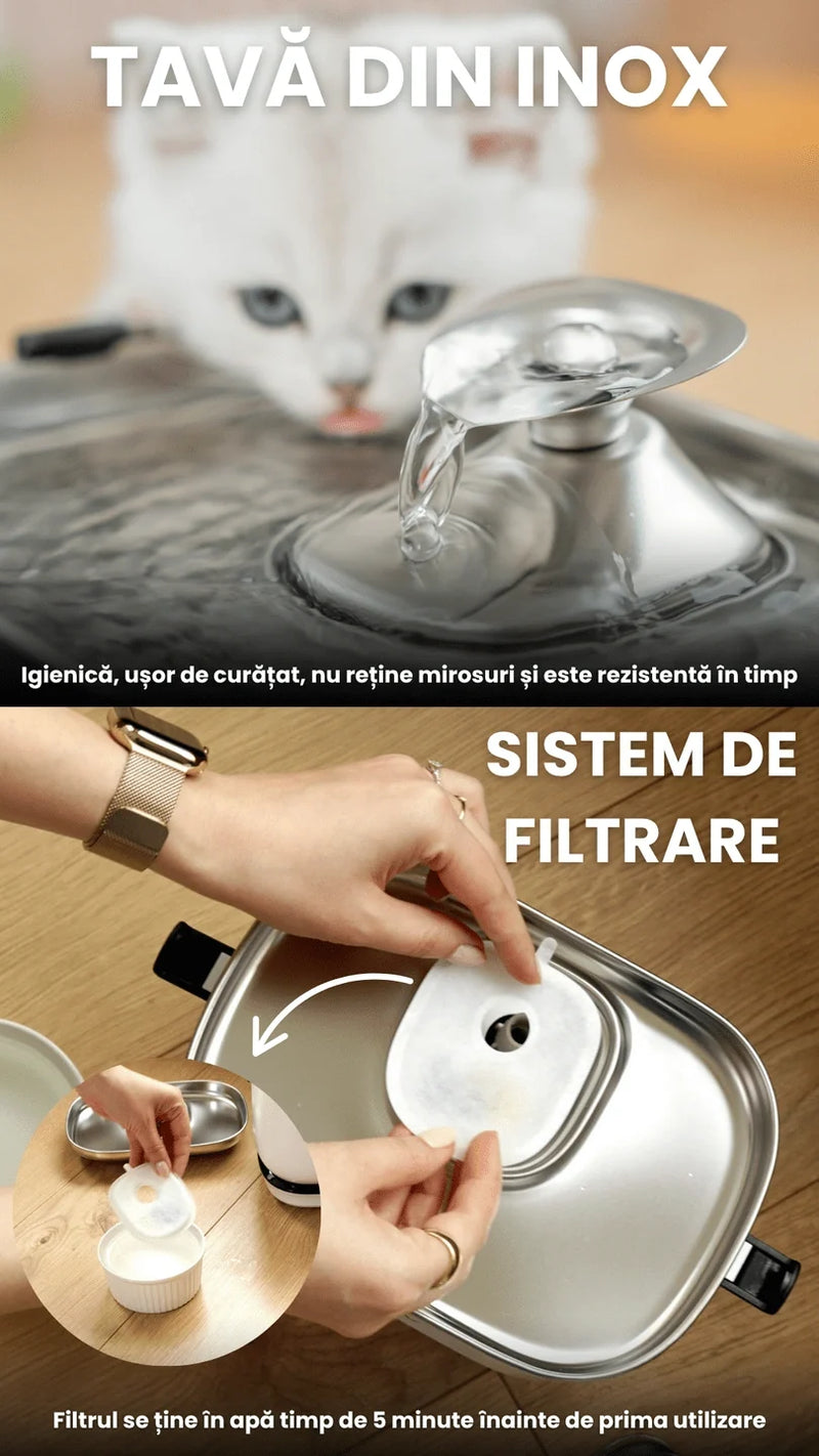 Fantana de apa smart SHAW® PRO V3 cu baterie si senzor, aplicatie mobila, sterilizare UV, pompa prin inductie, sistem filtrare, Negru