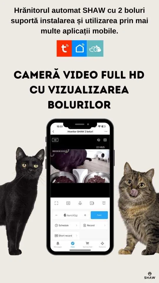 Hranitor automat smart SHAW® pentru caini si pisici, aplicatie mobila, 7L, programare hranire, camera reglabila, 2 boluri, alb