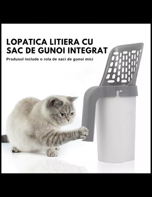 Lopatica litiera pisici cu sac gunoi integrat detașabil + 1 rola saci gunoi