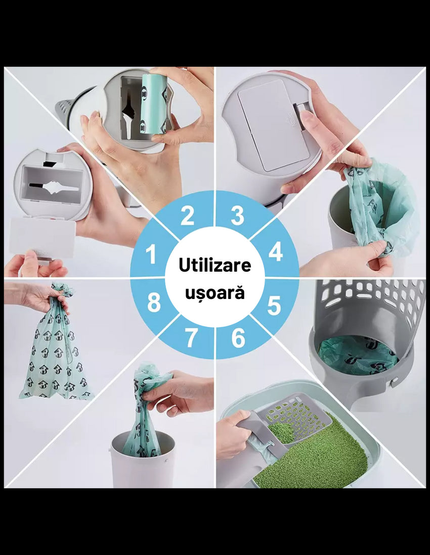 Lopatica litiera pisici cu sac gunoi integrat detașabil + 1 rola saci gunoi