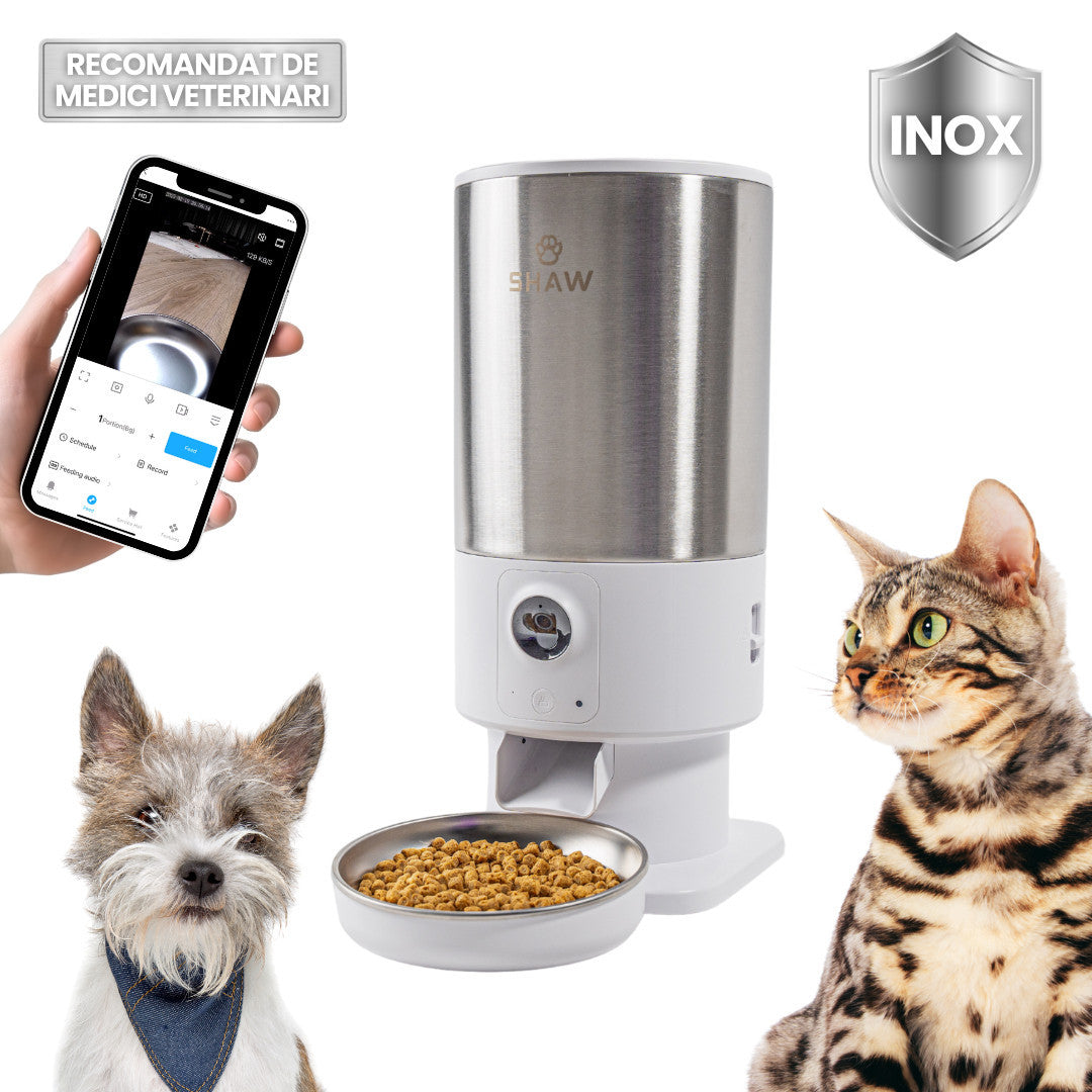 Hranitor automat Smart SHAW® PRO V3 pentru caini si pisici, Aplicatie mobila, Camera video Night Vision, Programare hrana, Alb