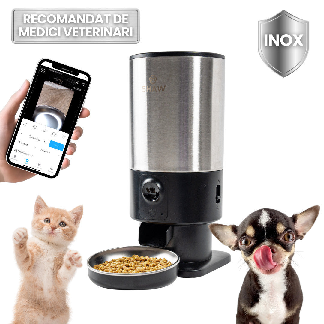 Hranitor automat Smart SHAW® PRO V3 pentru caini si pisici, Aplicatie mobila, Camera video Night Vision, Programare hrana, Negru