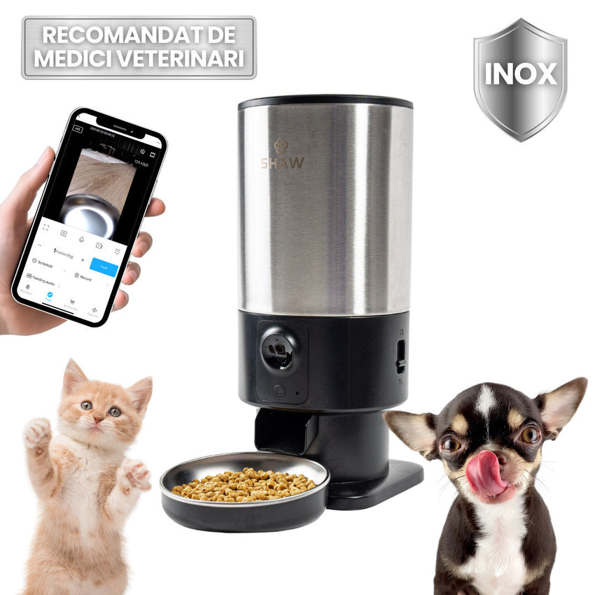 Hranitor automat Smart SHAW® PRO V3 pentru caini si pisici, Aplicatie mobila, Camera video Night Vision, Programare hrana, Negru
