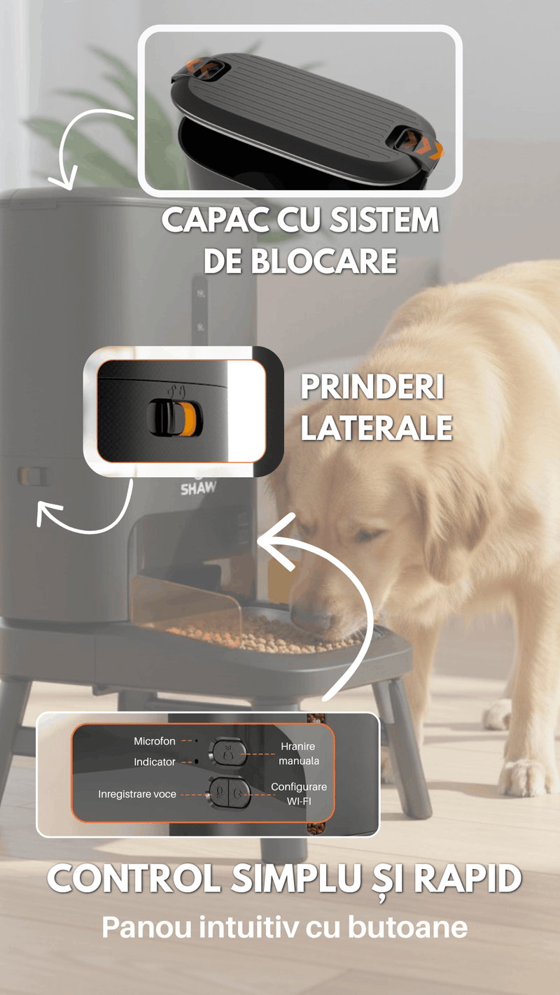 Hranitor automat smart SHAW® Titan PRO pentru caini, aplicatie mobila, camera video, 15L, programare hranire, negru