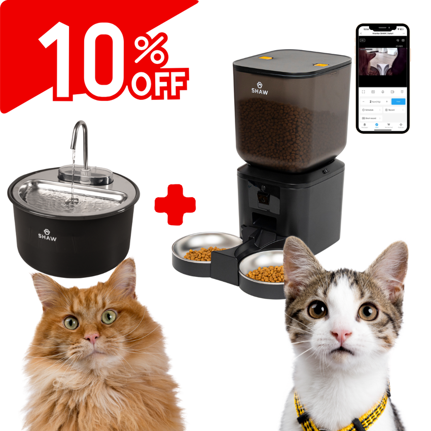 Kit Hranitor automat SHAW cu 2 boluri negru + Fantana tip robinet