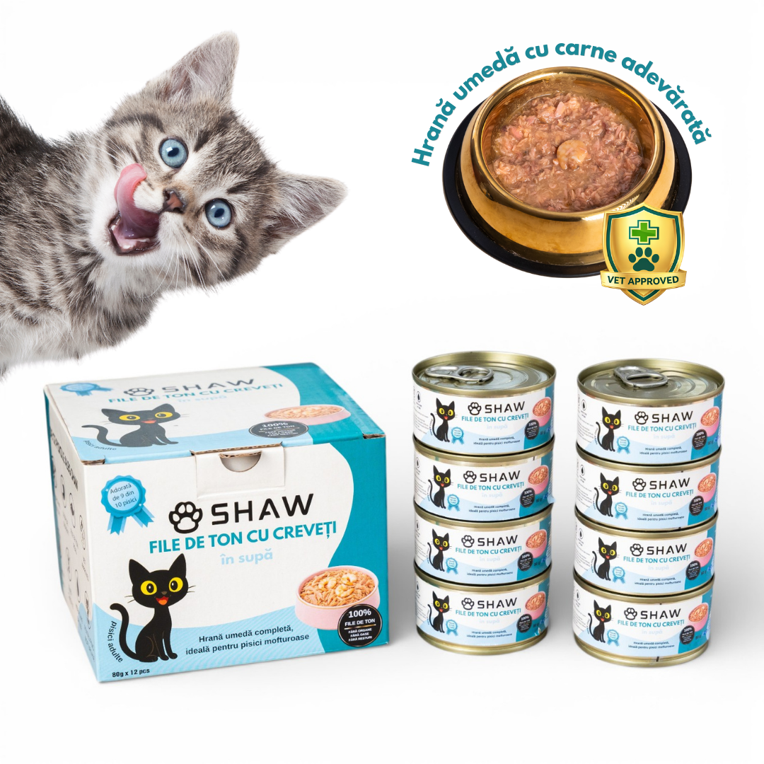 SET 12 buc Hrana umeda premium SHAW pentru pisici adulte si mofturoase cu file de ton si creveti in supa, fara cereale, 80g