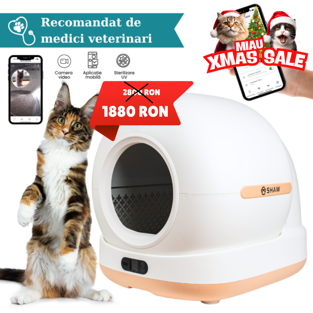 Litiera automata smart SHAW® Ultra View pentru pisici, camera video, auto-curatare, sterilizare UV, odorizant, aplicatie mobila