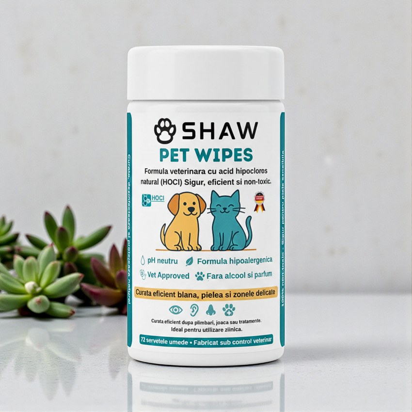 Servetele umede SHAW Pet Wipes pentru caini si pisici, cu acid hipocloros HOCl, non-toxic, hipoalergenic, vet approved