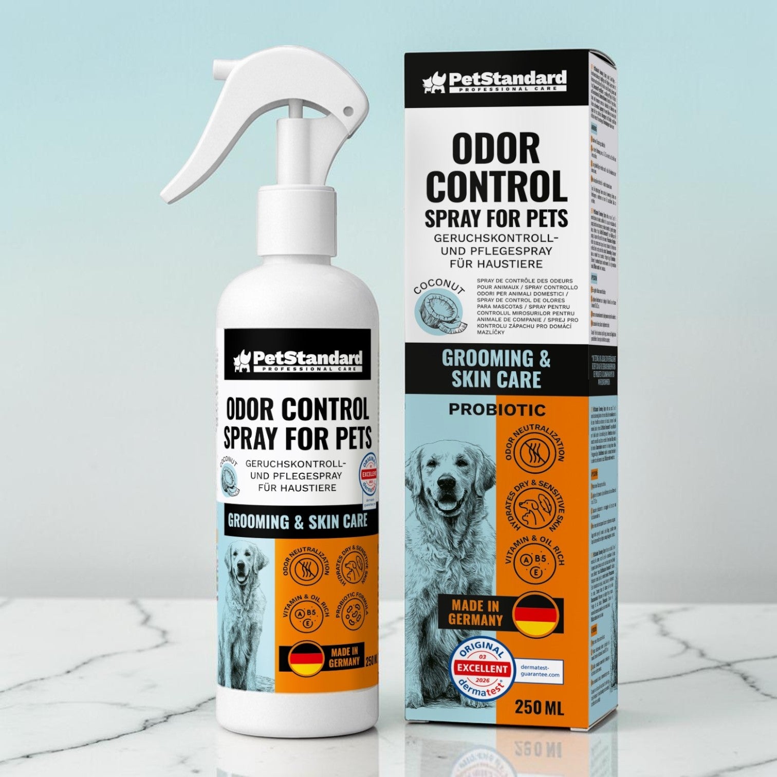 Spray Eliminare Mirosuri pentru Caini si Pisici PetStandard Odor Control 250 ml, cu Probiotice, Vitamine si Ulei de Cocos