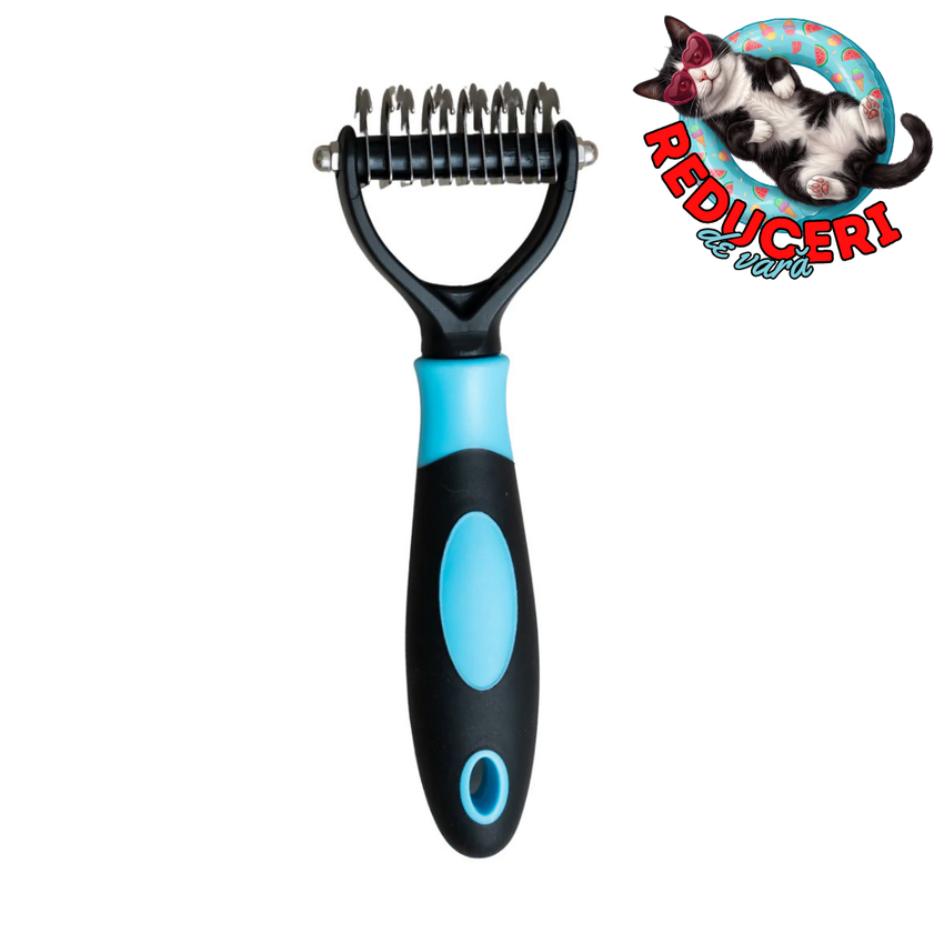 Perie de grooming pentru descalcire SHAW pentru caini si pisici,otel inoxidabil, albastru