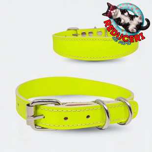 Zgarda caini din piele naturala, lata pentru protectia gatului, marime M, ajustabila 36–44 cm, galben neon