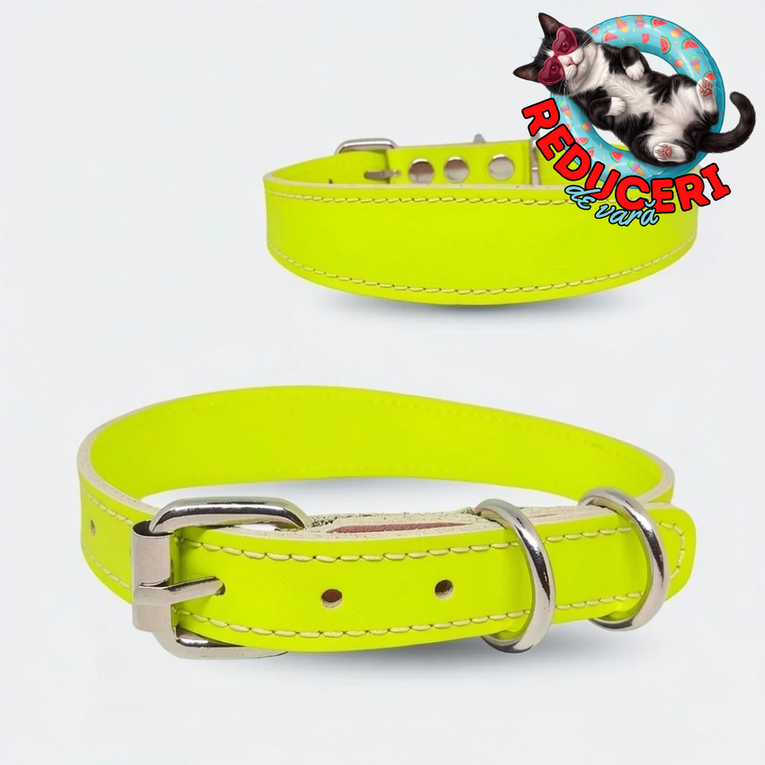 Zgarda caini din piele naturala, lata pentru protectia gatului, marime S, ajustabila 26–34 cm, galben neon