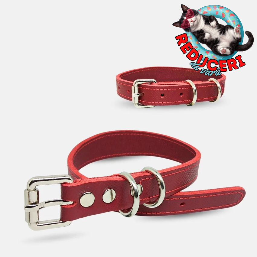 Zgarda caini din piele naturala, lata pentru protectia gatului, marime M, ajustabila 36–44 cm, rosu