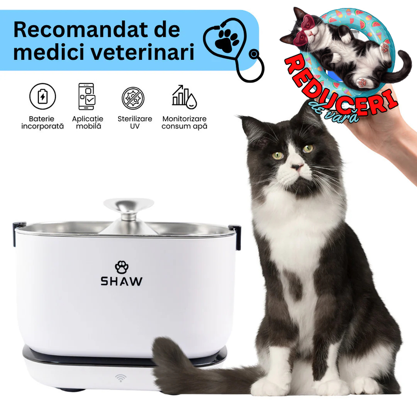 Fantana de apa smart SHAW® PRO V3 cu baterie si senzor, aplicatie mobila, sterilizare UV, pompa prin inductie, sistem filtrare, Alb