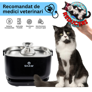 Fantana de apa smart SHAW® PRO V3 cu baterie si senzor, aplicatie mobila, sterilizare UV, pompa prin inductie, sistem filtrare, Negru