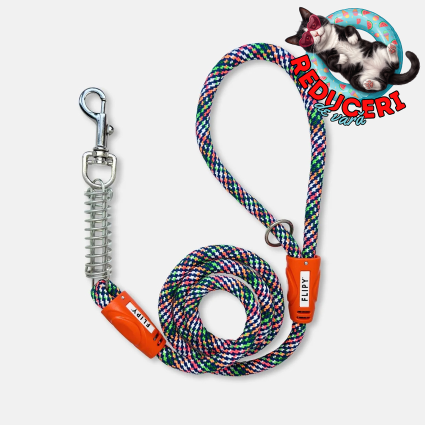 Lesa Flipy pentru caini cu arc anti smucire, 130 cm, rezistenta si confortabila, multicolor