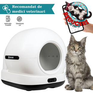Litiera automata smart SHAW® Ultra pentru pisici, auto-curatare, sterilizare UV, odorizant, aplicatie mobila, negru