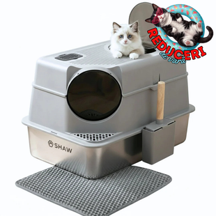 Litiera inox de colt 2 in 1  SHAW® XL pentru pisici, cu lopatica inclusa, intrare laterala, usor de curatat, rezistenta