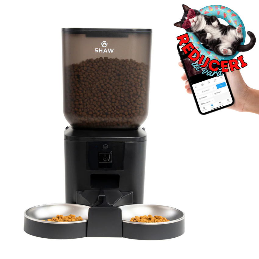 Hranitor automat smart SHAW® pentru caini si pisici, aplicatie mobila, 7L, programare hranire, camera reglabila, 2 boluri, negru