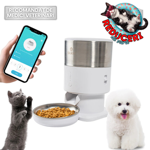 Hranitor automat Smart SHAW® PRO V3 mini pentru caini si pisici, Aplicatie mobila, Programare hrana, Alb