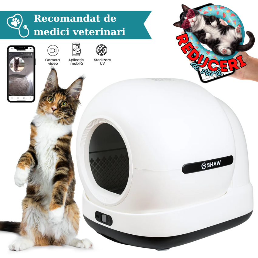 Litiera automata smart SHAW® Ultra View pentru pisici, camera video, auto-curatare, sterilizare UV, odorizant, aplicatie mobila