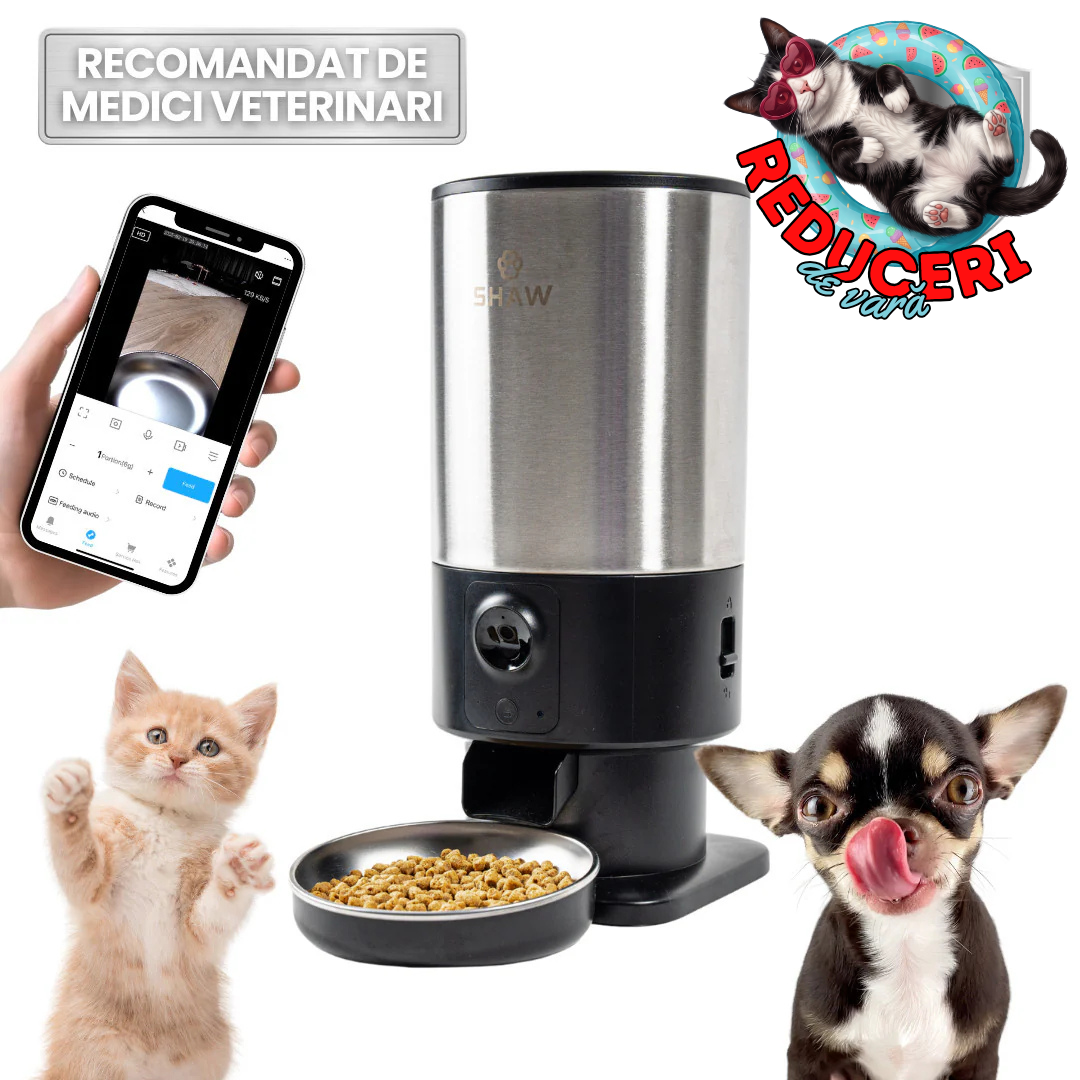 Hranitor automat Smart SHAW® PRO V3 pentru caini si pisici, Aplicatie mobila, Camera video Night Vision, Programare hrana, Negru