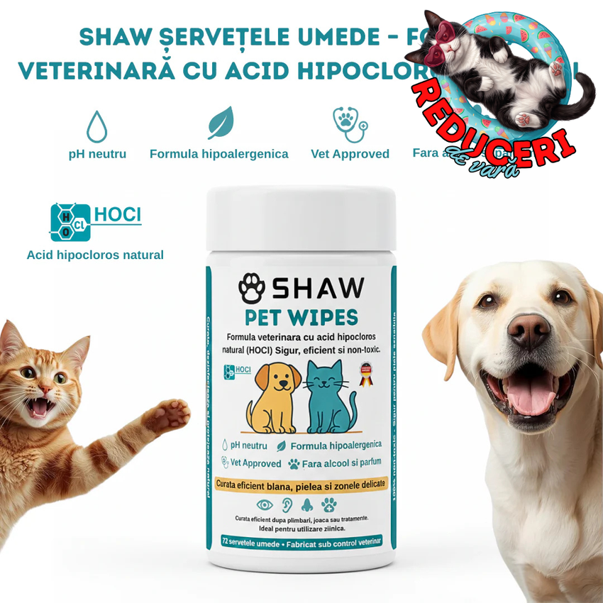 Servetele umede SHAW Pet Wipes pentru caini si pisici, cu acid hipocloros HOCl, non-toxic, hipoalergenic, vet approved