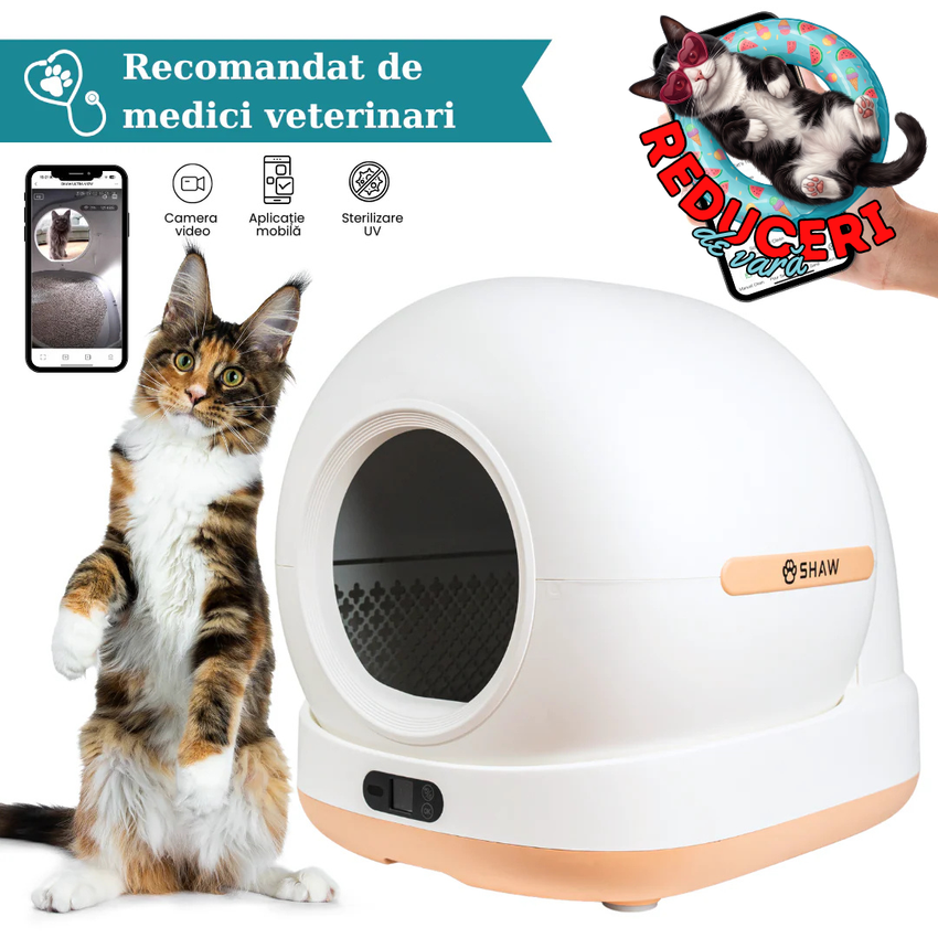 Litiera automata smart SHAW® Ultra View pentru pisici, camera video, auto-curatare, sterilizare UV, odorizant, aplicatie mobila