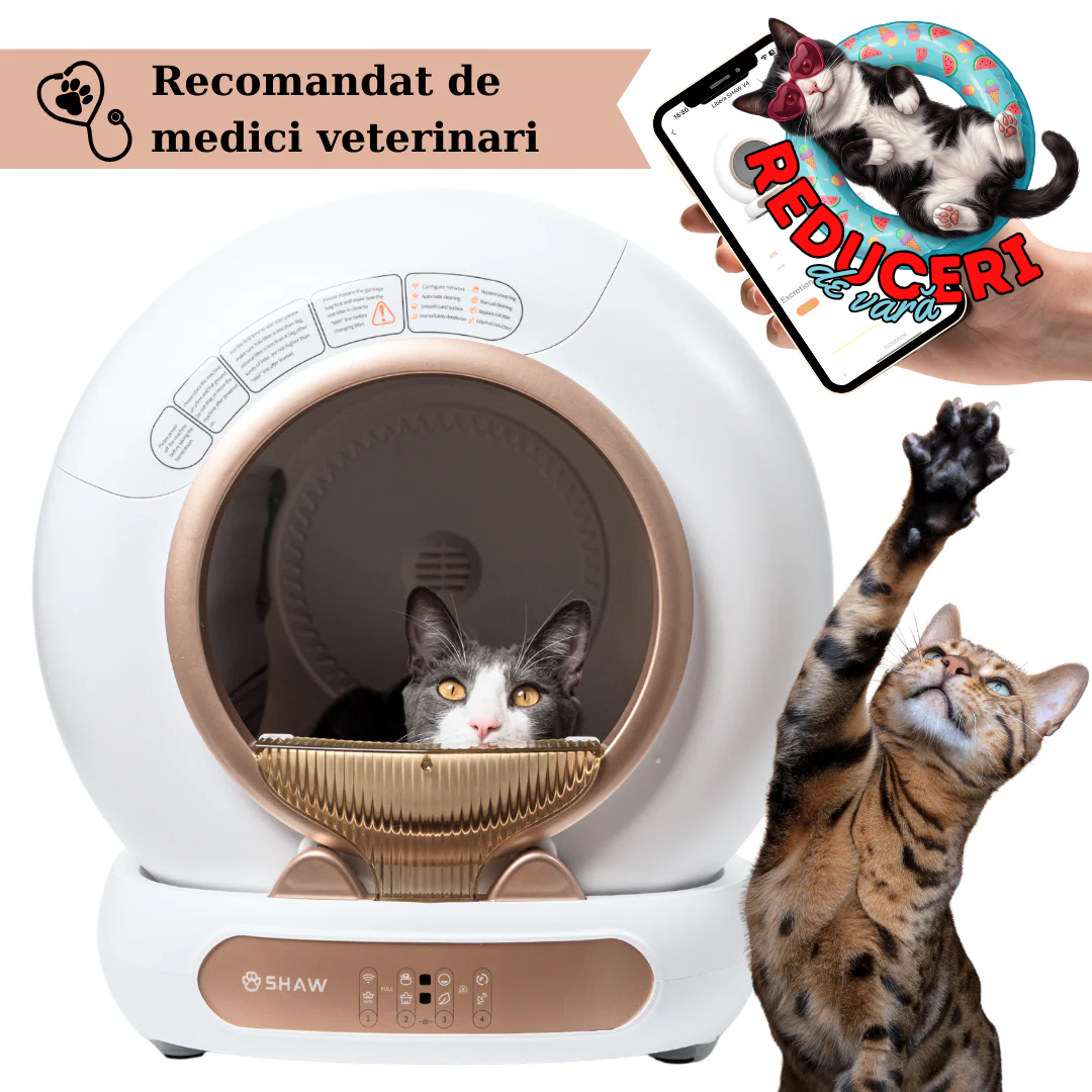 Litiera automata smart SHAW® V4 pentru pisici, auto-curatare, eliminare mirosuri prin ionizare, aplicatie mobila, 9L
