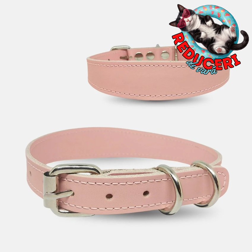 Zgarda caini din piele naturala, lata pentru protectia gatului, marime S, ajustabila 26–34 cm, roz