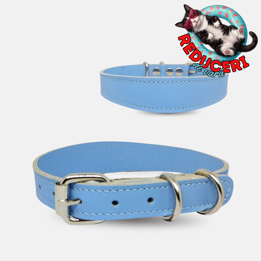 Zgarda caini din piele naturala, lata pentru protectia gatului, marime S, ajustabila 26–34 cm, albastru