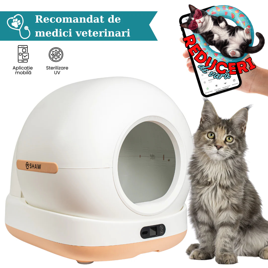 Litiera automata smart SHAW® Ultra pentru pisici, auto-curatare, sterilizare UV, odorizant, aplicatie mobila, bej