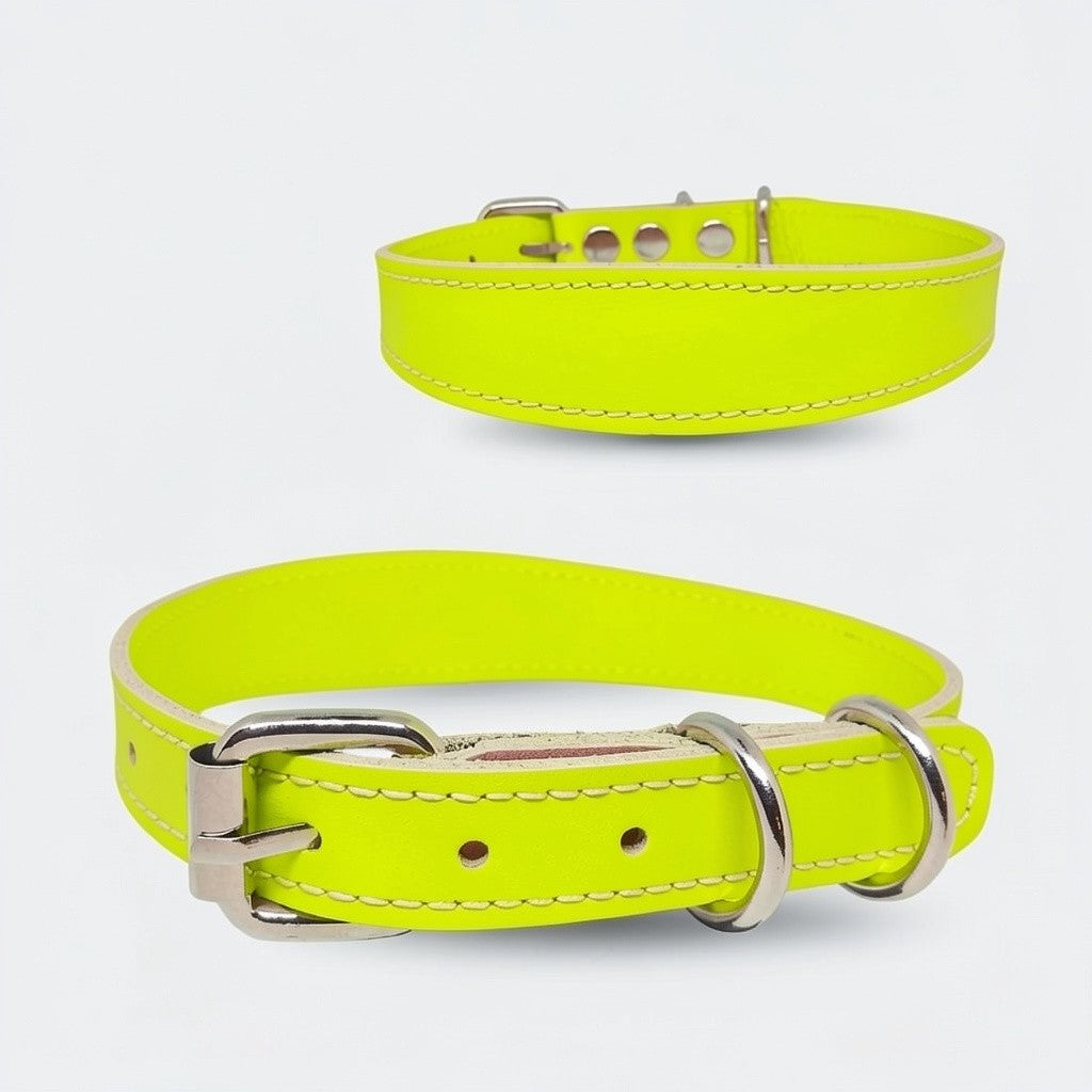 Zgarda caini din piele naturala, lata pentru protectia gatului, marime M, ajustabila 36–44 cm, galben neon