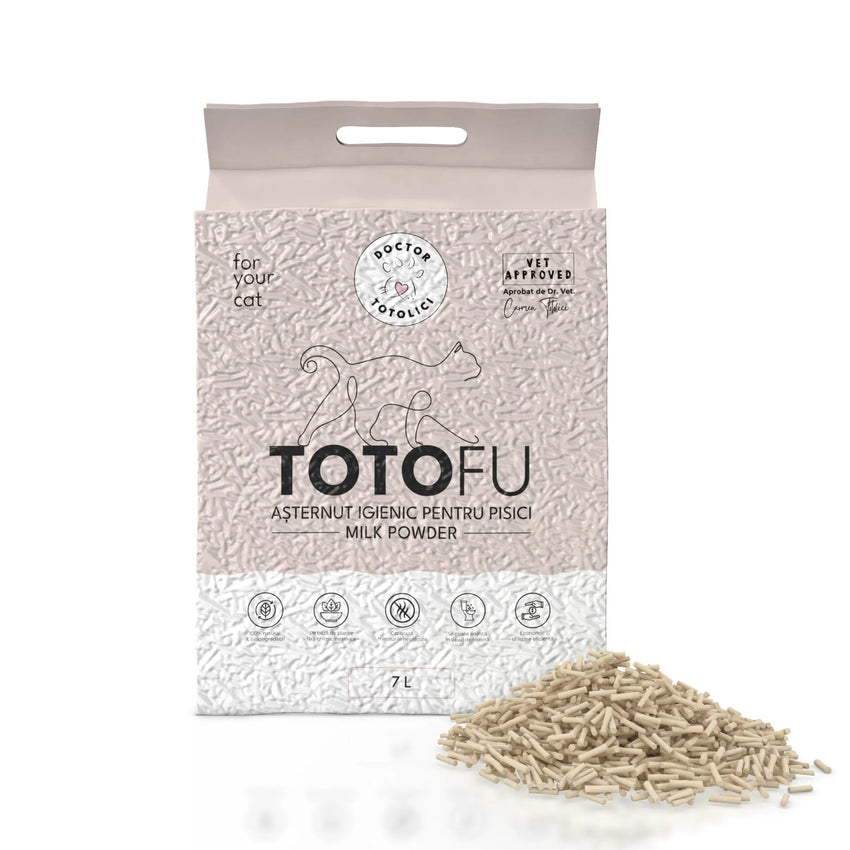 Așternut igienic pentru pisici TOTOFU natural, pe bază de plante, ultra-absorbant, cu pudră de lapte, 7 L