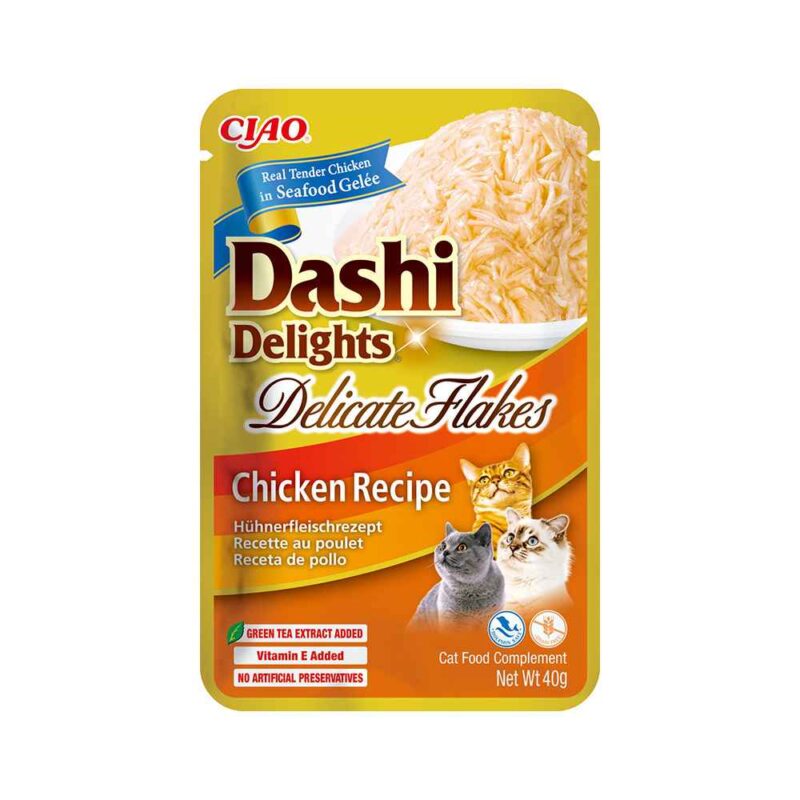 Recompense lichide cu fulgi delicati pentru pisici cu pui Churu Cat Dashi Delights, Inaba