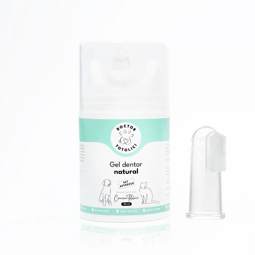 Gel dentar natural pentru câini și pisici Doctor Totolici, 50 ml + periuță tip degetar din silicon cadou