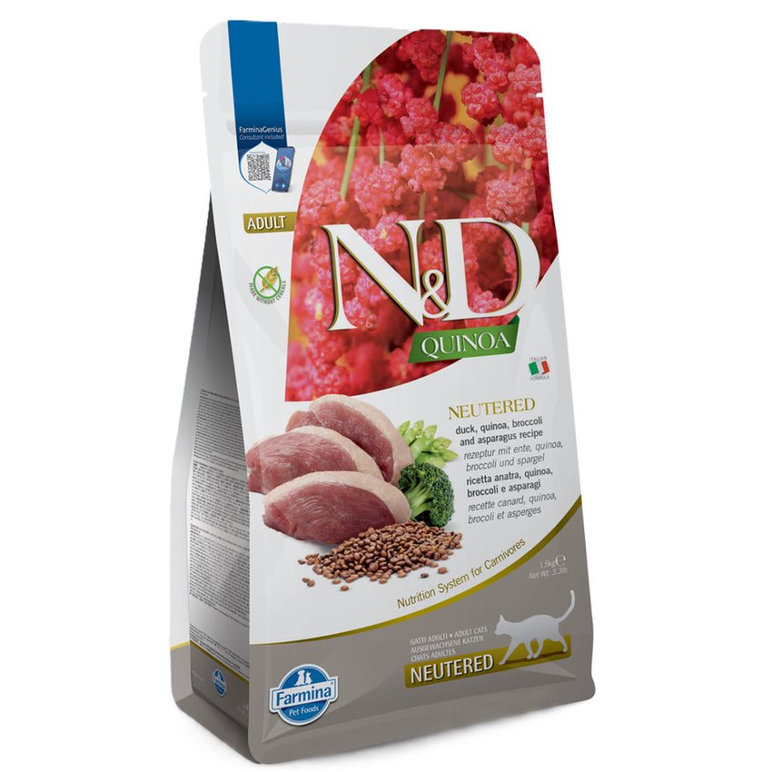 Hrana uscata pentru pisici sterilizate - Farmina N&D Quinoa Pisica Adult Sterilizat Rata, Broccoli si Sparanghel 1,5kg