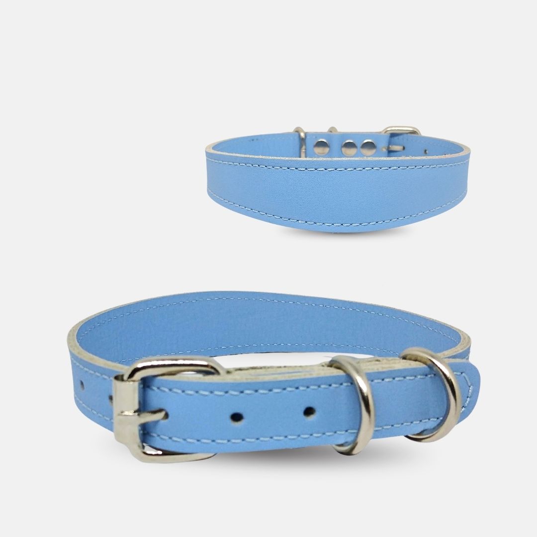 Zgarda caini din piele naturala, lata pentru protectia gatului, marime S, ajustabila 26–34 cm, albastru