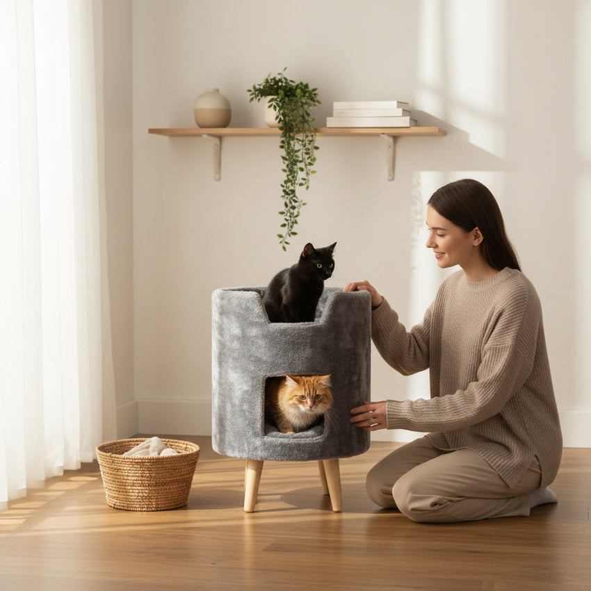 Casuta cu 2 culcusuri pentru pisici, SHAW, MDF, gri, model Oslo