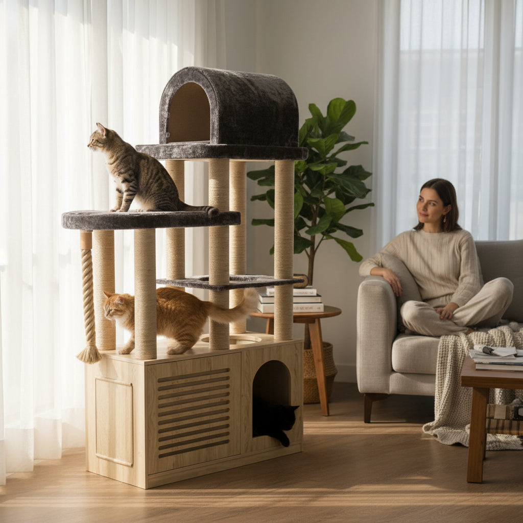 Ansamblu de catarat pentru pisici cu dulap pentru litiera, inaltime 200 cm, MDF premium, model Bodrum