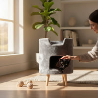 Casuta cu 2 culcusuri pentru pisici, SHAW, MDF, gri, model Oslo