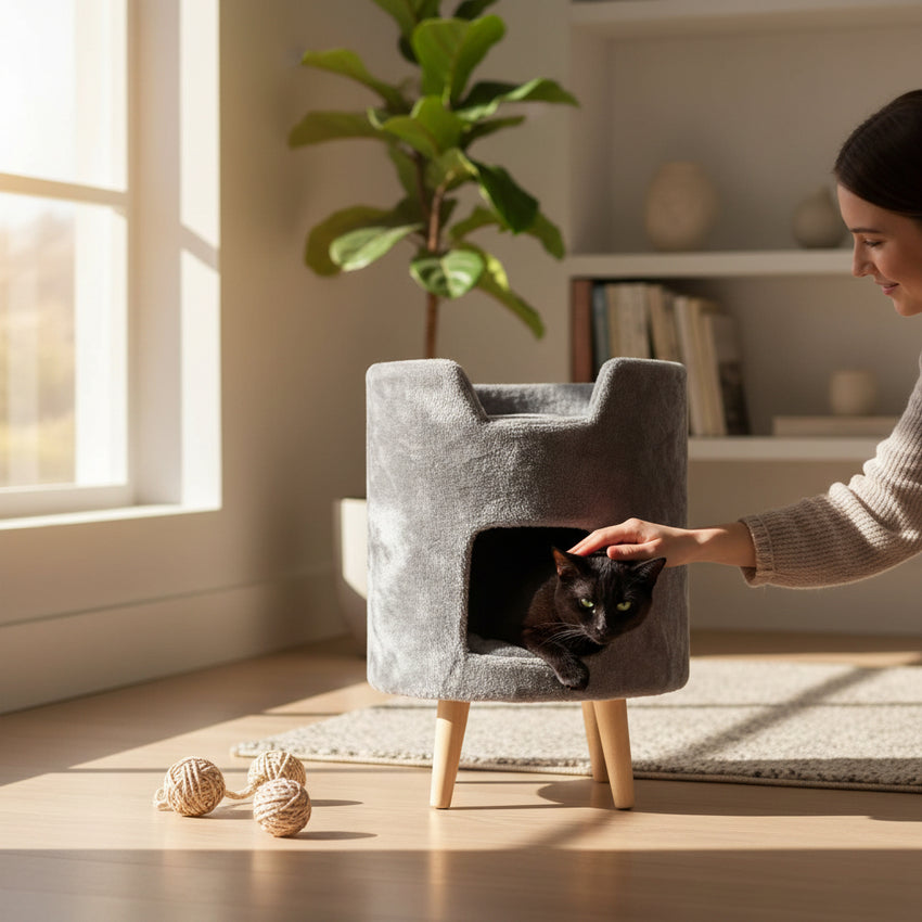 Casuta cu 2 culcusuri pentru pisici, SHAW, MDF, gri, model Oslo