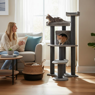 Ansamblu de joaca si catarat pentru pisici cu sisal, SHAW, MDF, gri, model Roma