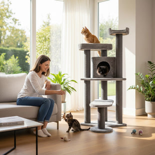 Ansamblu de joaca si catarat pentru pisici cu sisal, SHAW, MDF, gri, model Roma