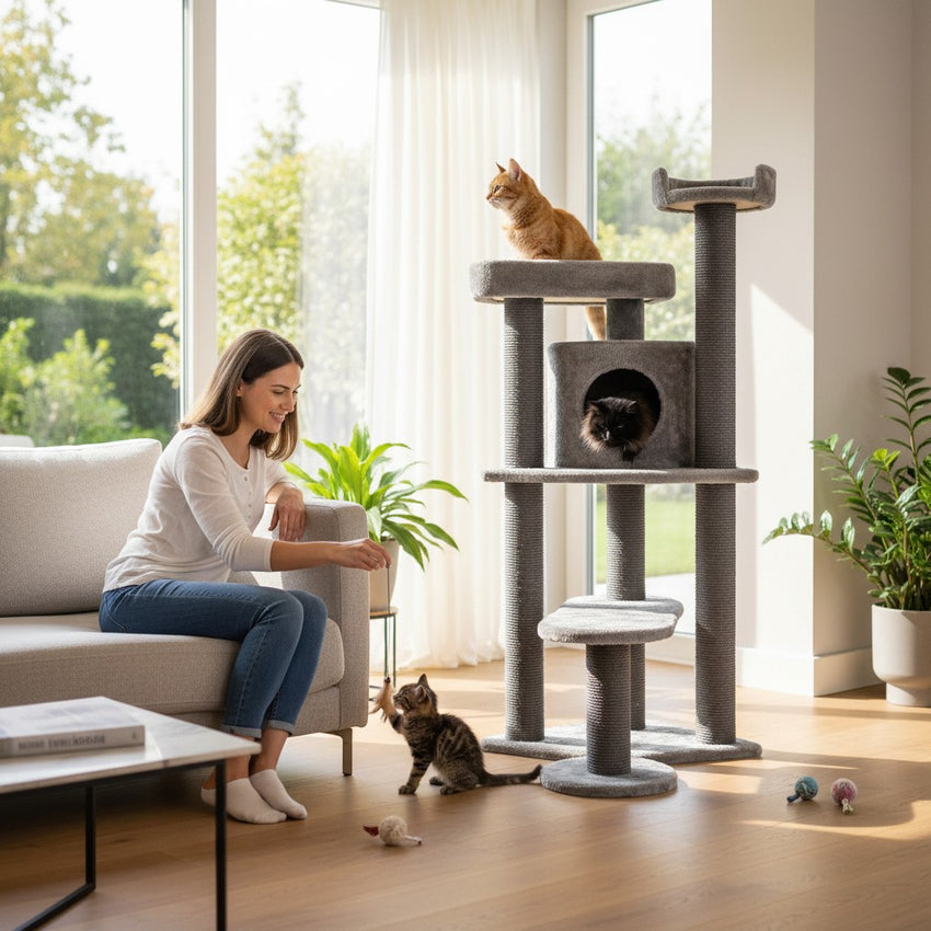 Ansamblu de joaca si catarat pentru pisici cu sisal, SHAW, MDF, gri, model Roma