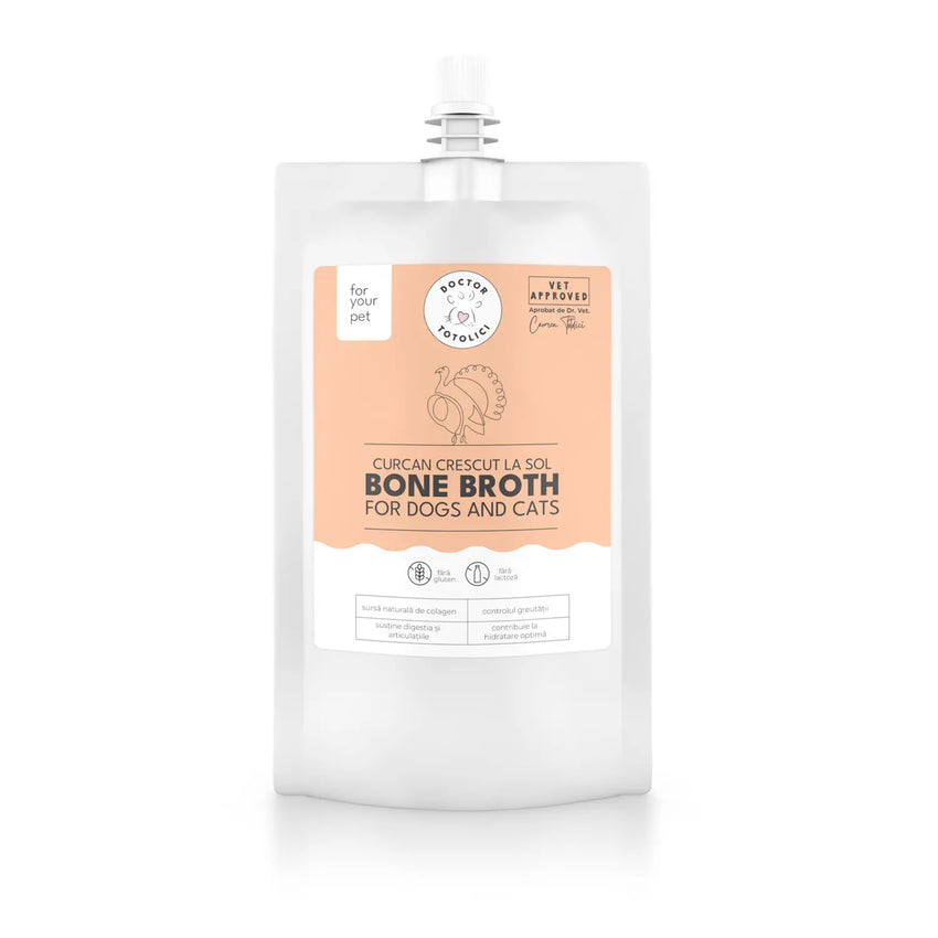 Supă de oase de curcan bio pentru câini și pisici Doctor Totolici, cu dop resigilabil, 150 ml