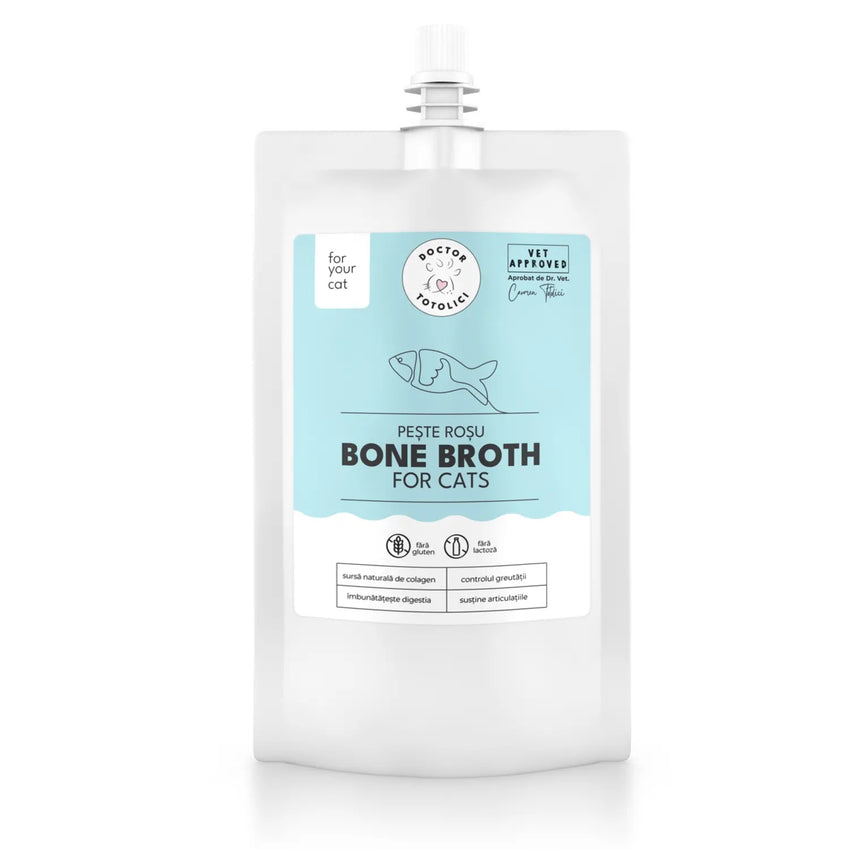 Supă de oase de pește roșu pentru pisici Doctor Totolici, cu dop resigilabil, 150 ml