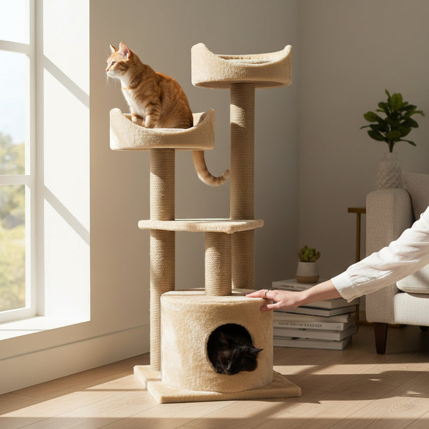 Ansamblu de joaca si catarat pentru pisici cu sisal, SHAW, MDF, bej, model Warsaw