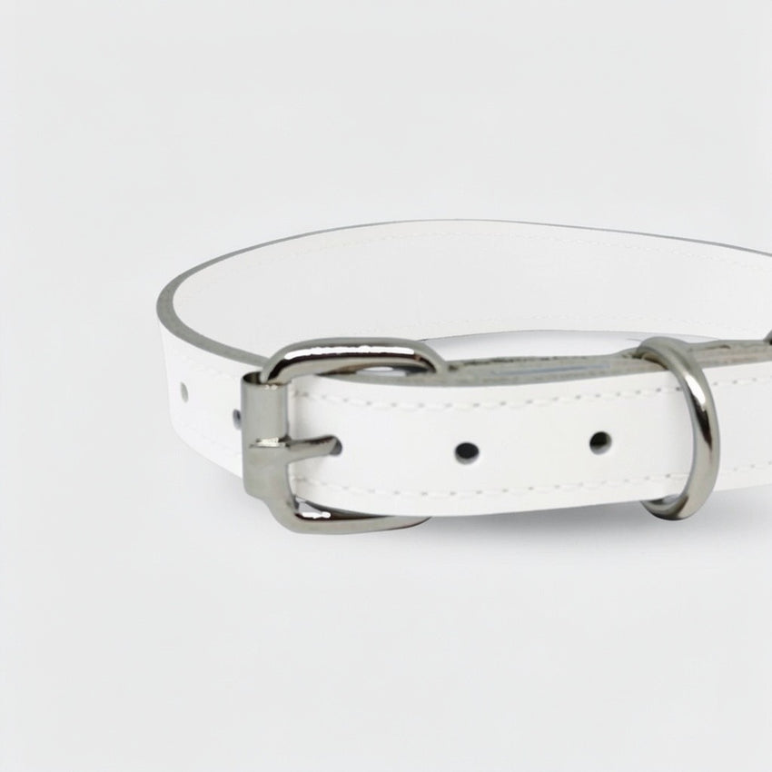 Zgarda caini din piele naturala, lata pentru protectia gatului, marime M, ajustabila 36–44 cm, alb