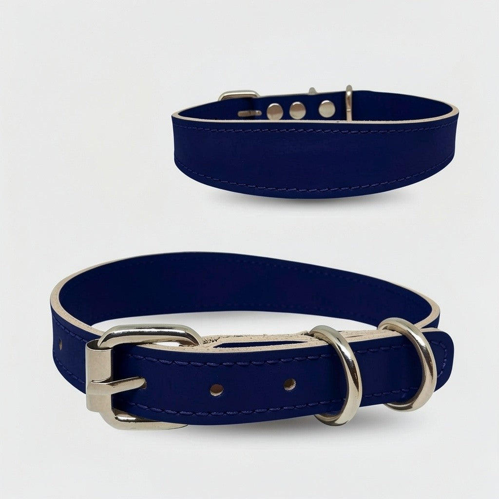 Zgarda caini din piele naturala, lata pentru protectia gatului, marime L, ajustabila 44–54 cm, bleumarin